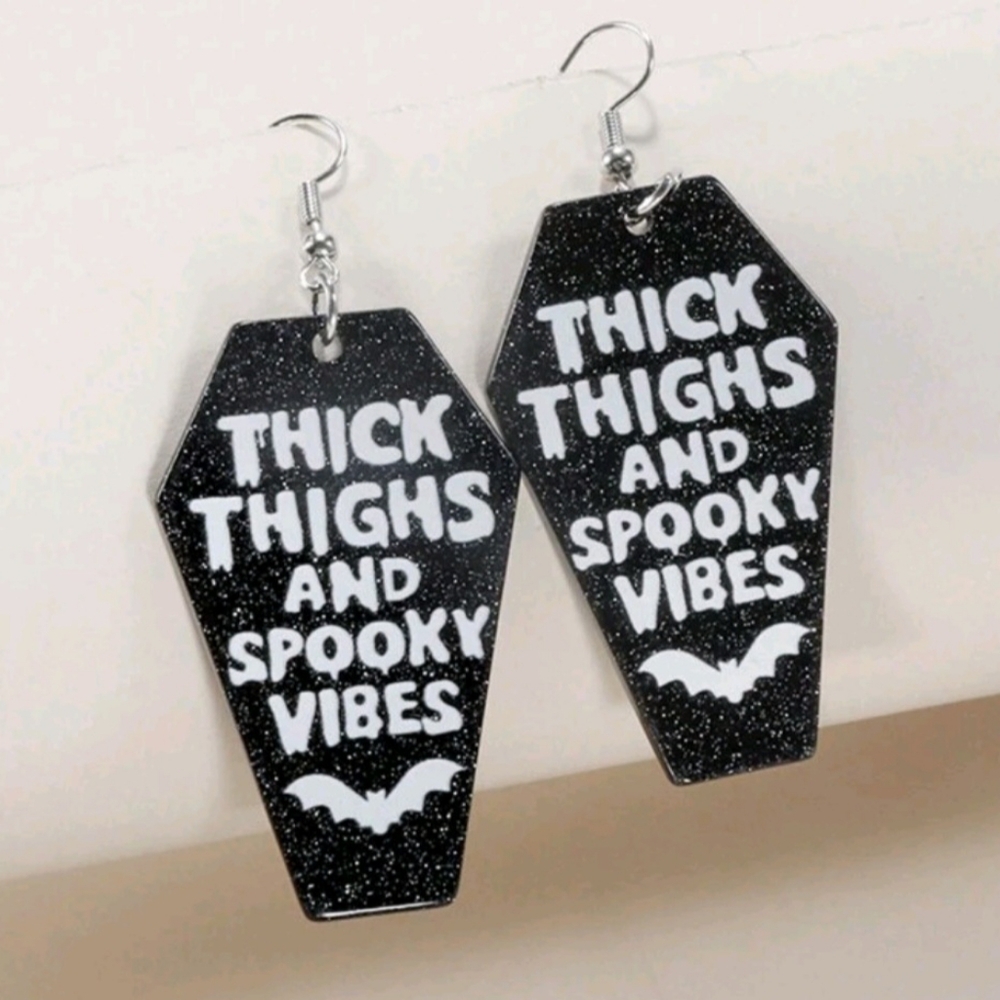 "Thick Thighs & Spooky Vibes" Coffin Shape Gothic Earrings New!